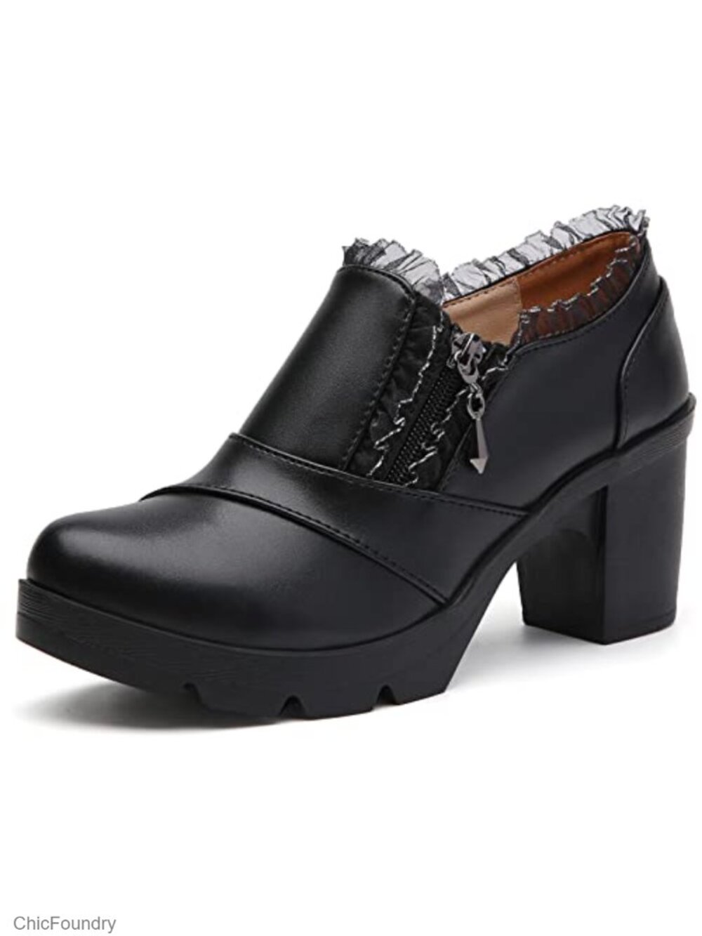 Women's Leather Platform Oxfords Lace Up Zipper Chunky Heel Shoes